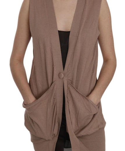 PINK MEMORIES Chic Sleeveless Cotton Cardigan Vest - Elegant Brown