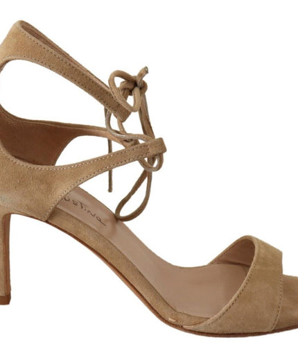 Maria Christina Elegant Beige Suede Ankle Strap Heels