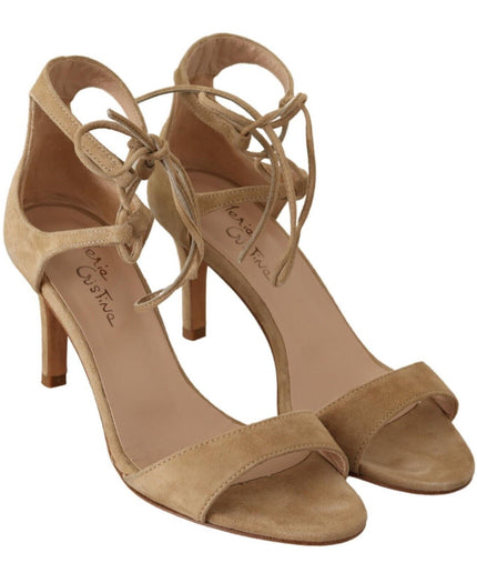 Maria Christina Elegant Beige Suede Ankle Strap Heels