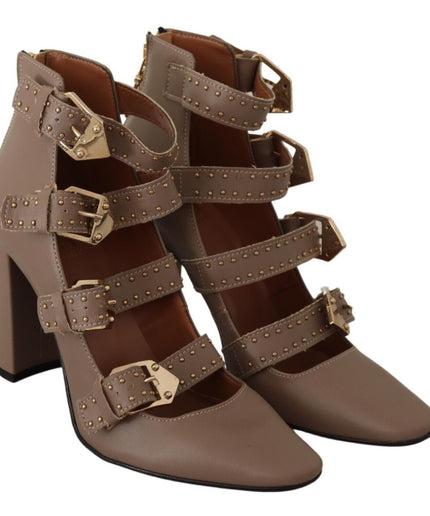 MY TWIN Elegant Leather Multi-Buckle Heels in Brown