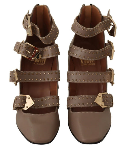 MY TWIN Elegant Leather Multi-Buckle Heels in Brown