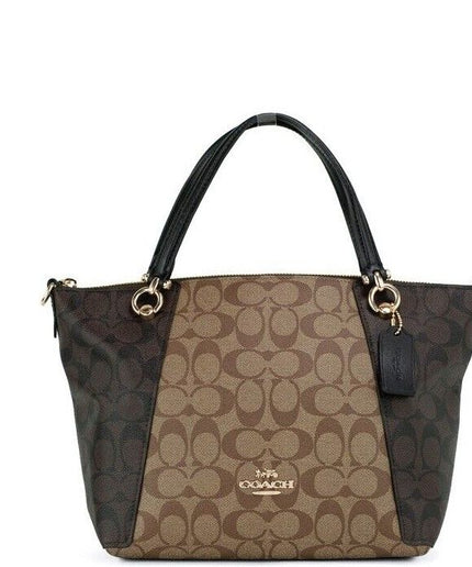 COACH Kacey Khaki Brown Blocked Signature Canvas Top Zip Satchel Handbag