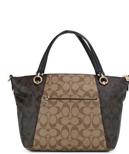 COACH Kacey Khaki Brown Blocked Signature Canvas Top Zip Satchel Handbag