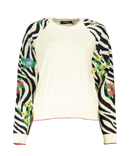 Desigual Elegant White Crew Neck Sweater with Contrast Details