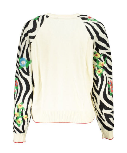 Desigual Elegant White Crew Neck Sweater with Contrast Details