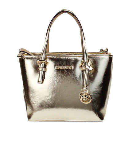 Michael Kors Jet Set Pale Gold Metallic XS Carryall Top Zip Tote Bag Purse