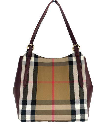 Burberry Small Canterby Mahogany Leather Check Canvas Tote Bag Purse