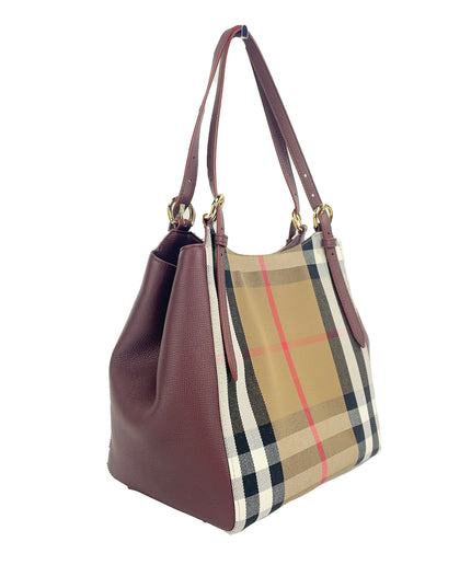 Burberry Small Canterby Mahogany Leather Check Canvas Tote Bag Purse