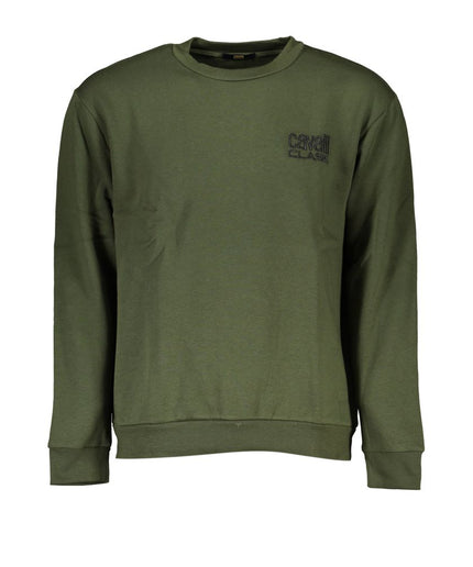 Cavalli Class Chic Green Embroidered Crew Neck Sweater