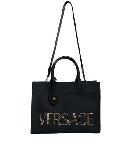 Versace Black Top Handle Canvas Leather Logo Crossbody Tote Bag