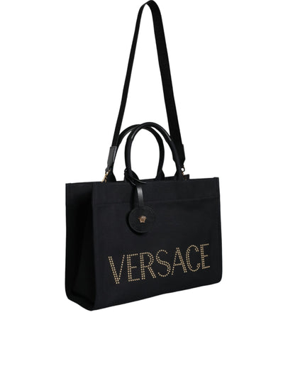 Versace Black Top Handle Canvas Leather Logo Crossbody Tote Bag