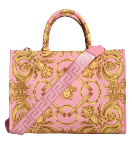 Versace Pink Printed Large Fabric Leather Shopping Tote Bag