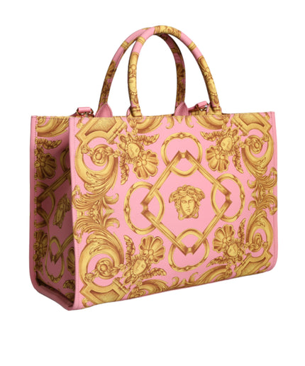 Versace Pink Printed Large Fabric Leather Shopping Tote Bag