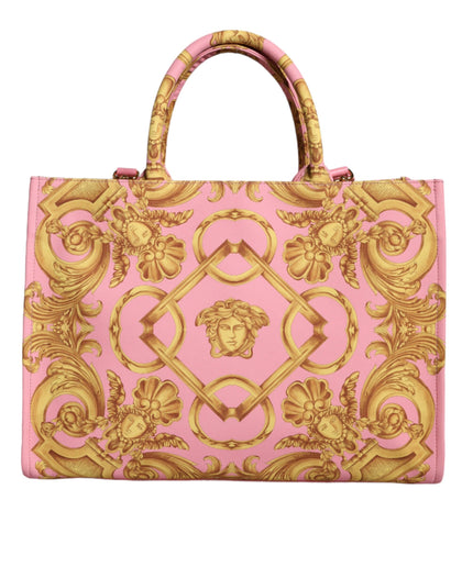 Versace Pink Printed Large Fabric Leather Shopping Tote Bag