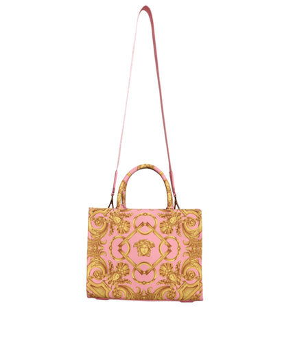 Versace Pink Yellow Baroque Fabric Leather Shopping Tote Bag