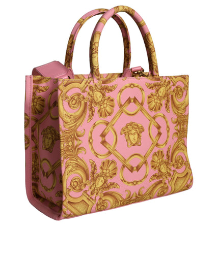 Versace Pink Yellow Baroque Fabric Leather Shopping Tote Bag