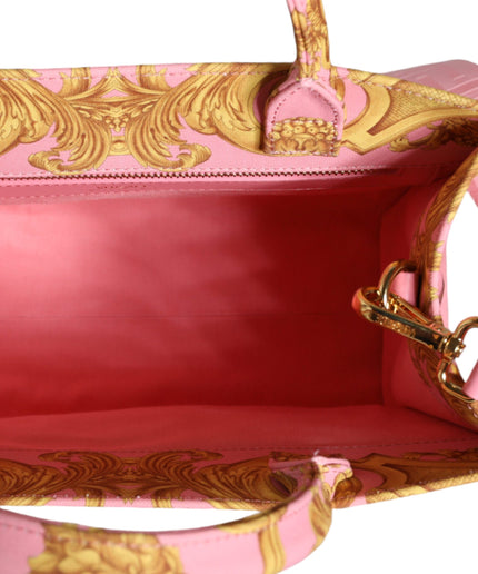 Versace Pink Yellow Baroque Fabric Leather Shopping Tote Bag