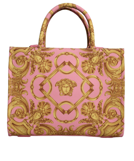 Versace Pink Yellow Baroque Fabric Leather Shopping Tote Bag