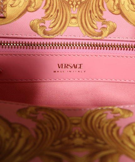 Versace Pink Yellow Baroque Fabric Leather Shopping Tote Bag