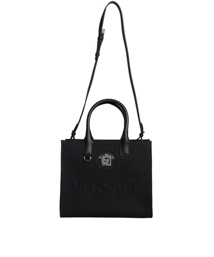 Versace Black Top Handle Canvas Leather Logo Crossbody Tote Bag