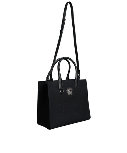 Versace Black Top Handle Canvas Leather Logo Crossbody Tote Bag