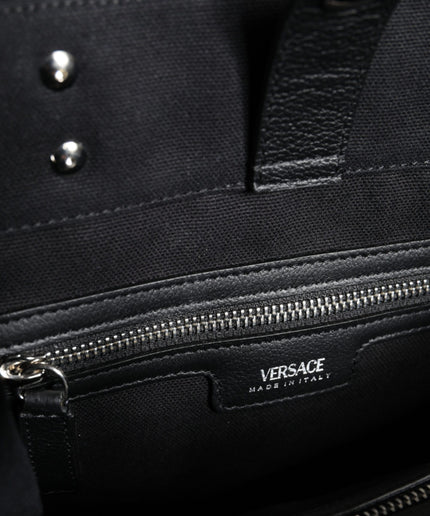 Versace Black Top Handle Canvas Leather Logo Crossbody Tote Bag