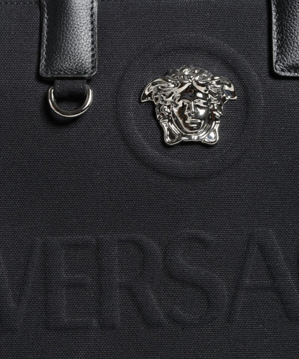 Versace Black Top Handle Canvas Leather Logo Crossbody Tote Bag