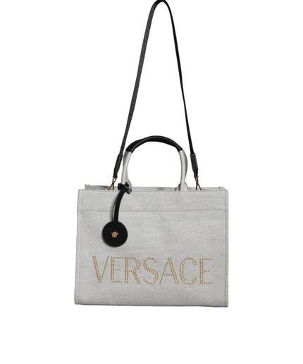 Versace White Top Handle Canvas Leather Logo Crossbody Tote Bag