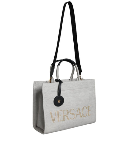 Versace White Top Handle Canvas Leather Logo Crossbody Tote Bag