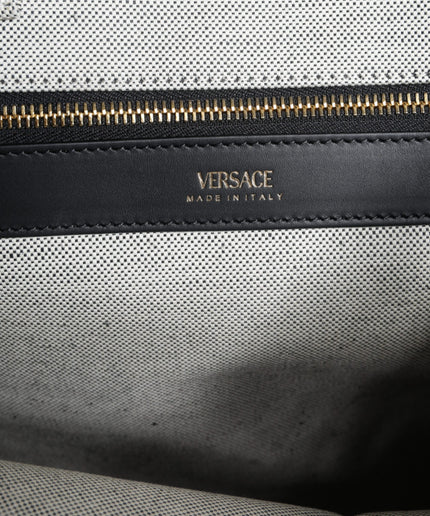 Versace White Top Handle Canvas Leather Logo Crossbody Tote Bag