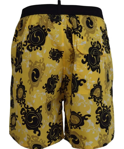 Dsquared² Yellow Black Printed Nylon Beachwear Shorts Swimwear