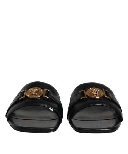 Versace Black Leather Logo Plaque Slip On Slides Flats Shoes