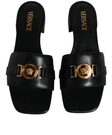 Versace Black Leather Logo Plaque Slip On Slides Flats Shoes