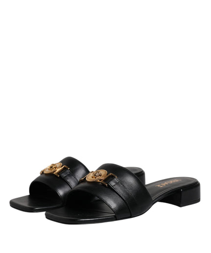 Versace Black Leather Logo Plaque Slip On Slides Flats Shoes