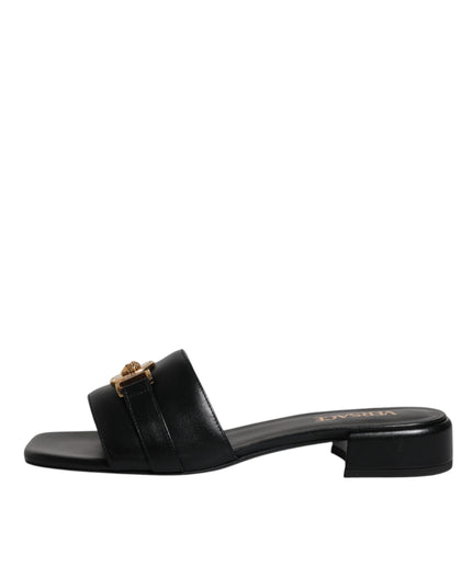 Versace Black Leather Logo Plaque Slip On Slides Flats Shoes