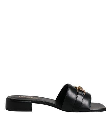 Versace Black Leather Logo Plaque Slip On Slides Flats Shoes