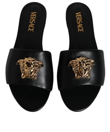 Versace Black Leather Logo Plaque Slip On Slides Flats Shoes