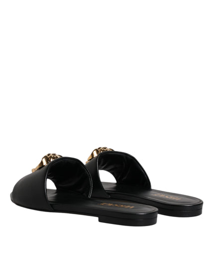 Versace Black Leather Logo Plaque Slip On Slides Flats Shoes