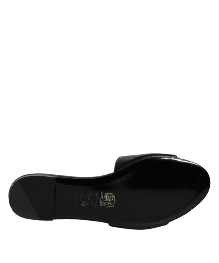 Versace Black Leather Logo Plaque Slip On Slides Flats Shoes