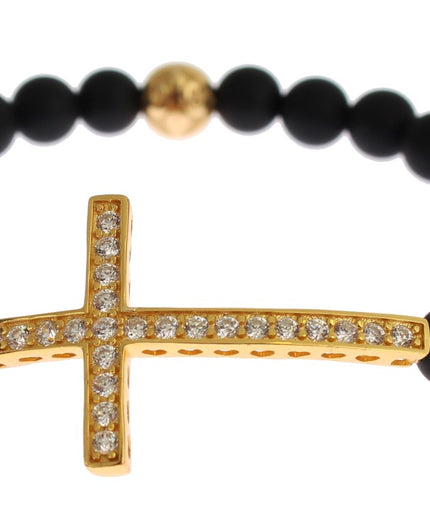 Nialaya Chic Matte Onyx Bead & CZ Diamond Cross Bracelet