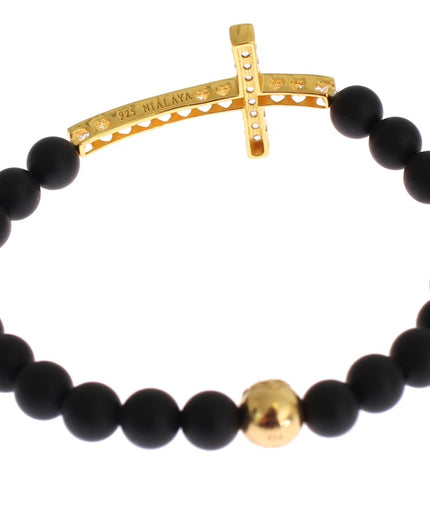 Nialaya Chic Matte Onyx Bead & CZ Diamond Cross Bracelet